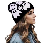 Halloween Beanie Ghost Pattern Y2k Beanie Autumn Winter Keep Warm Knitted Hat Vision Beanies Hip-Hop Trend Beanies for Outdoor Activities Holiday Accessories Black