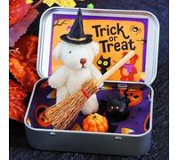 Halloween Bear in a Box for Trick or Treat,A Little Pocket Bear Hug,Handmade Little WitchBear in Box,Mini PlushBear,with Witch Wizard Blanket Broom Pumpkin&Cat for Halloween Toy Party Favor Gifts
