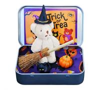 Halloween Bear in a Box for Trick or Treat,Cute Halloween Decoration,Handmade Miniature Witcher with Witch Wizard Blanket Broom Cape Pumpkin & Cat,Party Favor, Surprise Gifts for Holiday (White)