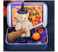 Halloween Bear in a Box for Trick or Treat, Halloween Stuffed Animals Bear Toys with Pumpkin and Witch Hat, Handmade Mini Plush Teddy Bear, Party Decorations Gifts for Friends (Brown-1)