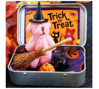 Halloween Bear in a Box for Trick or Treat, Halloween Stuffed Animals Bear Toys with Pumpkin and Witch Hat, Handmade Mini Plush Teddy Bear, Party Decorations Gifts for Friends (Pink)