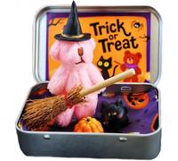 Halloween Bear in a Box for Trick or Treat, Halloween Stuffed Animals Bear Toys with Pumpkin and Witch Hat, Handmade Mini Plush Teddy Bear, Party Decorations Gifts for Friends (Pink)
