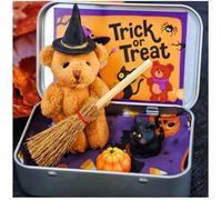 Halloween Bear in a Box for Trick or Treat, Halloween Stuffed Animals Bear Toys with Pumpkin and Witch Hat, Handmade Mini Plush Teddy Bear, Party Decorations Gifts for Friends (Brown)