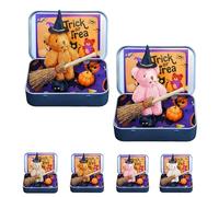 Halloween Bear in a Box for Trick or Treat, Halloween Teddy Bear in a Box, Mini Witcher Teddy in a Box, Witch Teddy Bear in Box, with Witch Blanket Broom Cape Pumpkins & Cats (Brown + Pink)