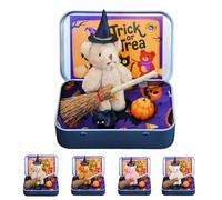 Halloween Bear in a Box for Trick or Treat, Halloween Teddy Bear in a Box, Mini Witcher Teddy in a Box, Witch Teddy Bear in Box, with Witch Blanket Broom Cape Pumpkins & Cats (Khaki)