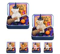 Halloween Bear in a Box for Trick or Treat, Halloween Teddy Bear in a Box, Mini Witcher Teddy in a Box, Witch Teddy Bear in Box, with Witch Blanket Broom Cape Pumpkins & Cats (White + Khaki)