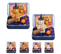 Halloween Bear in a Box for Trick or Treat, Halloween Teddy Bear in a Box, Mini Witcher Teddy in a Box, Witch Teddy Bear in Box, with Witch Blanket Broom Cape Pumpkins & Cats (Brown + Khaki)