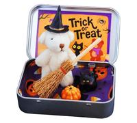 Halloween Bear in a Box for Trick or Treat, Handmade Witch Teddy Bear in Box, Plush Mini Teddy Bears Gift with Wizard Hat, Pumpkin & Cat, Halloween Party Decorations Gifts (White)