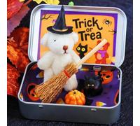 Halloween Bear in a Box for Trick or Treat,Little Pocket Bear Hug,Emotional Support Plush Animal Toys,Handmade Miniature Witcher with Blanket Broom Cape Pumpkin & Cat,Halloween Party Favor