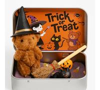 Halloween Bear in a Box for Trick or Treat, Miniature Witcher, Halloween Animal Pocket Hug Surprise Box, Cute Bear in Box with Witch Wizard Blanket Broom Cape Pumpkin & Cat, for Party Decorations
