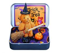Halloween Bear in a Box for Trick or Treat, Miniature Witcher Little Bears in a Box,Handmade Witch Bea-r with Witch Blanket Broom Cape Pumpkin & Cat,Halloween Decoration,Inspirational Gift Idea