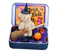 Halloween Bear in a Box for Trick or Treat, Miniature Witcher Little Bears in a Box,Handmade Witch Bea-r with Witch Blanket Broom Cape Pumpkin & Cat,Halloween Decoration,Inspirational Gift Idea