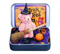 Halloween Bear in a Box for Trick or Treat, Miniature Witcher Little Bears in a Box,Handmade Witch Bea-r with Witch Blanket Broom Cape Pumpkin & Cat,Halloween Decoration,Inspirational Gift Idea
