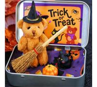 Halloween Bear in a Box for Trick or Treat, Teddy Bear in a Box for Trick or Treat - Miniature Witcher, Surprise Cases with Broomstick Pumpkin and Cat Inside forMake It Mini Halloween (S)