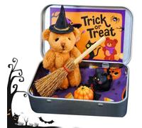 Halloween Bear in a Box for Trick or Treat - Witch Bear with Broom, Pumpkin & Cat - Mini Plush Stuffed Animal, Spooky Gift & Halloween Decor (Brown)