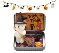 Halloween Bear in a Box, Handmade Witch Teddy Plush with Wizard Hat Broom Pumpkin & Cat, Mini Emotional Support Bear Hug Toy, Trick or Treat Gift Box for Kids Friends Family