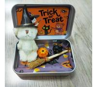 Halloween Bear in a Box, Little Pocket Bear Hug, Emotional Support Plush Animal Toys with Broom, Pumpkin & Cat, Mini Plush Stuffed Animal,2025 Halloween Party Favor,Surprise Gifts Ideal (White)
