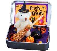 Halloween Bear in a Box, Witch Teddy with Broom, Pumpkin & Cat, Surprise Cases with Broomstick Pumpkin and Cat Inside, Spooky Gift & Decor (B#)