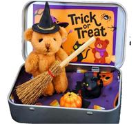 Halloween Bear in a Box, Witch Teddy with Broom, Pumpkin & Cat, Surprise Cases with Broomstick Pumpkin and Cat Inside, Spooky Gift & Decor (D#)