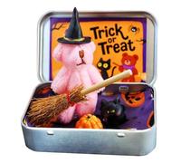 Halloween Bear Mini Plush Witch Bear in Box, Halloween Toy Decor, Trick or Treat Gift, Party Favors | Handmade Cute Witch Doll with Broom & Pumpkin | Cozy Shelf Decor, Desk Buddy (Pink)