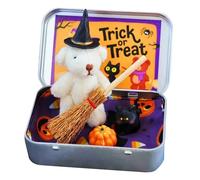 Halloween Bear Mini Plush Witch Bear in Box, Halloween Toy Decor, Trick or Treat Gift, Party Favors | Handmade Cute Witch Doll with Broom & Pumpkin | Cozy Shelf Decor, Desk Buddy (White)
