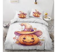 Halloween Bedding Double Bed Set - Witchy Pumpkin Duvet Cover Sets - Reversible Quilt Cover & 2 Pillowcases with Zipper Closure, Ultra Soft and Non Iron Brushed Microfibre Bed Set 200 x 200 M6-&-81