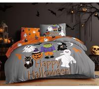 Halloween Bedding Double Duvet Cover Set Haunted Mini Monsters Reversible Soft Grey Orange Bed linen (Double)
