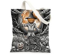 Halloween Bengal Cats Canvas Tote Bag for Shopping 13 * 15, Holiday Scarecrow Reusable Grocery Bag for Women, Owl Travel Pattern Gift Decoration