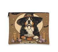 Halloween Bernese Mountain Dog Makeup Bag 7''x9'' for Travel Pouch, Fun Scary Witch Bat Toiletry Cosmetic Pouch for Women Gift, Witchy Tarot Portable Canvas Zipper Organizer