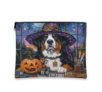 Halloween Bernese Mountain Dog Makeup Bag 7x9 Inch for Travel Pouch, Fun Scary Witch Bat Print Cosmetic Pouch for Women, Witchy Tarot Portable Canvas Zipper Organizer