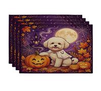 Halloween Bichon Frise Dog Placemats Set of 4, 12x18 Inch, Holiday Haunted Houses 4Pcs Washable Table Mats for Dinning, Fall Seasonal Party Home Kitchen Decor