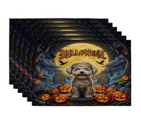 Halloween Bichon Frise Dog Placemats Set of 6, 12x18 Inch, Holiday Graveyard 6Pcs Seasonal Table Mats for Home Dinning, Pumpkins Holiday Party Kitchen Decor