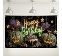 Halloween Birthday Backdrop, Spooky Pumpkin Cake Decorations, Neon Happy Birthday Party Background for Indoor/Outdoor Celebration 71x43 Inch