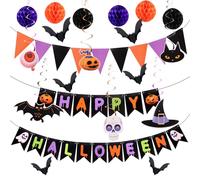 Halloween Birthday Banner Set, Happy Birthday Banner with Honeycomb Balls, Hanging Swirl Streamers, Bat Stickers, Pennant Flags Garland for Halloween Theme Sign Party Decorations Backdrop Supplies