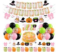 Halloween Birthday Decorations Pink and Green Balloons Set for Birthday | Ghost & Pumpkin Theme, Cake Topper Included, Latex Balloons, Baby Shower Use, Happy Birthday Banner