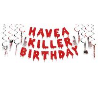 Halloween Birthday Party Decorations | 19Pcs No-DIY Have a Killer Horror Birthday Banners & Fake Knife Hanging Swirls | Bloody Murder Supplies, Mystery Spooky Party Supplies