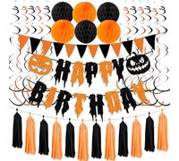 Halloween Birthday Party Decorations - Black & Orange Happy Birthday Banner, Tassel Garland, Swirl Decorations, Honeycomb Balls, Pennant Flags - Pumpkins Halloween Theme Party Supplies