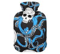 Halloween Black and White Skull Blue octopodes water bottle for hot water with soft cover, 2L hot compresses for the body for Neck and Shoulder Pain Relief,Neck and Shoulder Pain Relief,bolsa caliente
