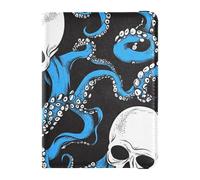 Halloween Black and White Skull Blue Octopus_4 Leather Passport Holder Cover Wallet Passport Holder Lightweight