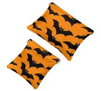 Halloween Black Bat Silhouette on Orange Background Pocket Cosmetic Bag, Waterproof Squeeze Makeup Bag No Zipper Self-Closing, Portable Mini Travel Storage for Headphones Jewelry