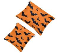 Halloween Black Bat Silhouette Orange Background Pocket Cosmetic Bag, Waterproof Squeeze Makeup Bag No Zipper Self-Closing, Portable Mini Travel Storage for Headphones Jewelry