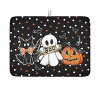 Halloween Black Cat Dish Drying Mat For Kitchen CounterSpooky Pumpkins Polka Dot Bat Fall Fast Dry Pad Microfiber Absorbent Large Dish Draining Mat Reversible Dishes Pad 18x24 Inch