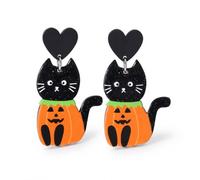 Halloween Black Cat Earrings, Pumpkin Acrylic Dangle Jewelry for Fall Looks | Glittery black cats in bright pumpkin costumes pair with heart studs to create a playful, seasonal accent for autumn outfits.