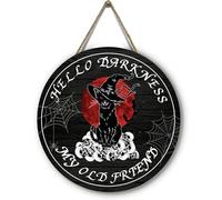 Halloween Black Cat Front Door Hello Darkness My Old Friend Wooden Door Skull Spiderweb Bat Wall Home Office Farmhouse Yard Garden Synthetic Round Wood Sign 12 x 12 inch