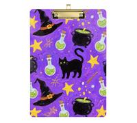 Halloween Black Cat Magic Acrylic clipboard Binder Standard Letter A4 Size Standard Hole for Police Office Nurse Football Coaches Gold 12x9in Tabla para escribir