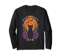 Halloween Black Cat Moon Phases Bats Night Sky Line Art Long Sleeve T-Shirt