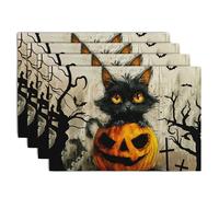Halloween Black Cat Pumpkin 12x18 Placemats Set of 4 Happy Halloween Bat Branch Linen Table Place Mat Seasonal Fall Washable Heat Resistant Non Slip Table Placemats for Party Kitchen Dining Decor