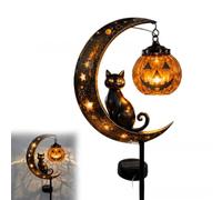 Halloween Black Cat & Pumpkin Moon Garden Stake Light, Solar Black Cat on Crescent Moon with Hanging Pumpkin Lantern, Waterproof Outdoor Halloween Yard Decor for Garden, Patio, Lawn, Pathway (1Pack)