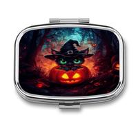 Halloween Black Cat Pumpkin Pill Box 2-Compartment Portable Pill Case Square Metal Medication Organizer Small Weekly Medication Case with Mirror Stylish Vitamin Holder for Purse Pocket Travel