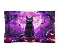 Halloween Black Cat Pumpkins Purple Dog Bed Mat Non-Slip Soft Comfortable Dog Crate Pad for Large Jumbo Medium Small Dogs 24" x 18"